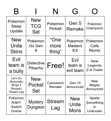 Pokemon Direct Bingo Card