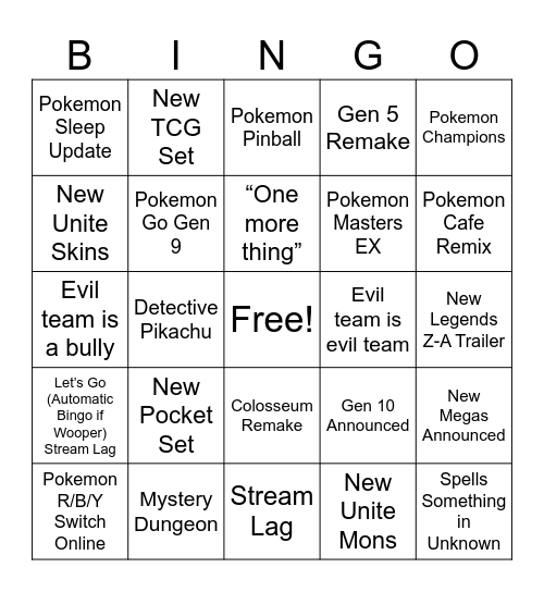 Pokemon Direct Bingo Card