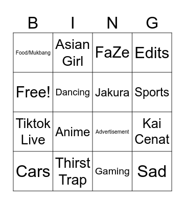 Tiktok Bingo Card