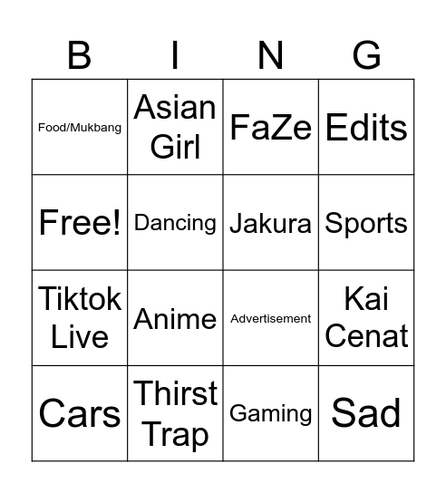 Tiktok Bingo Card
