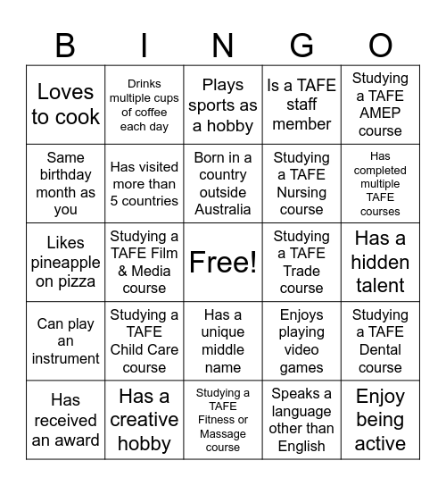 Randwick Campus Speed Friending Bingo Card