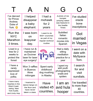 Seattle Tango Tryst 2025 Bingo Card