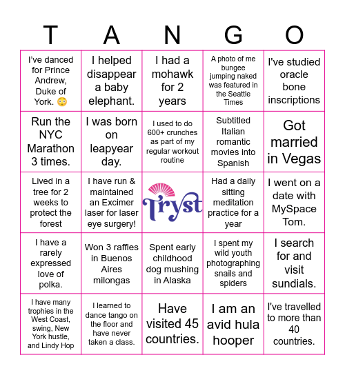 Seattle Tango Tryst 2025 Bingo Card