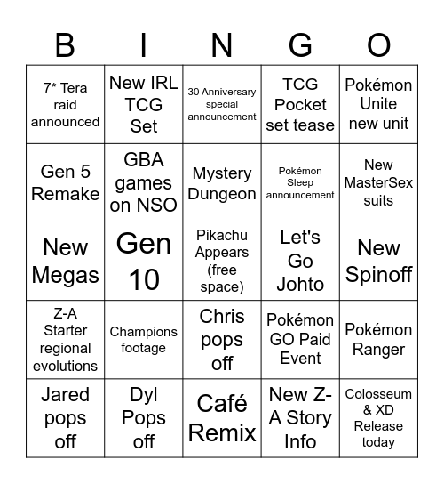 Pokémon Presents Bingo Card