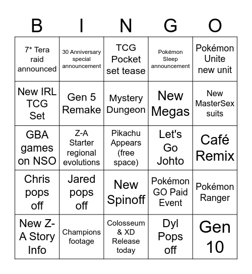 Pokémon Presents Bingo Card