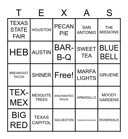 WELCOME TO TEXAS Bingo Card