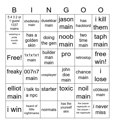 forsaken players bingo Card