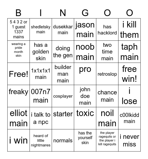 forsaken players bingo Card