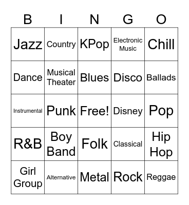 Music Genres Bingo Card