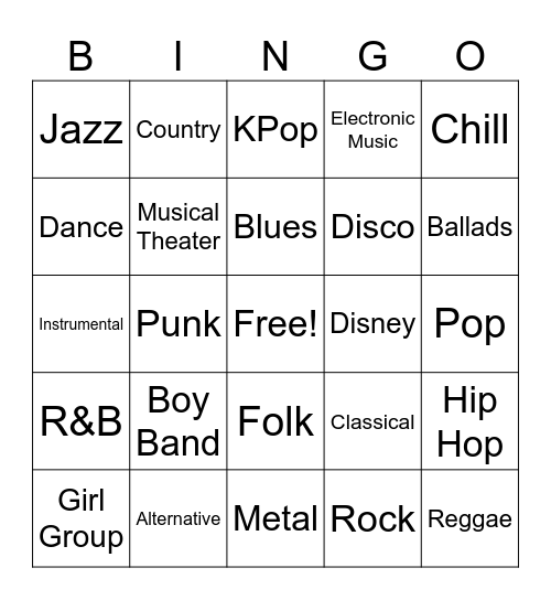 Music Genres Bingo Card