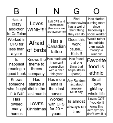 Social Work Bingo Card