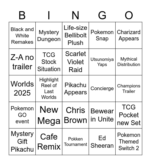 Pokemon Presents Bingo Card