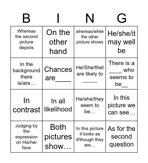 First Speaking Part 2 Bingo Card