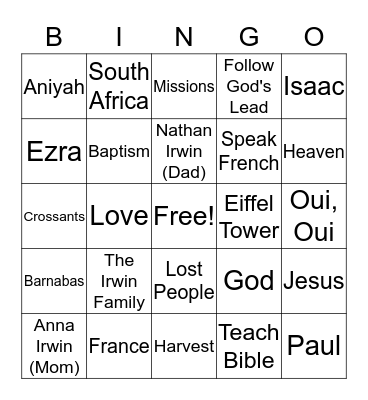 Missionary Bingo Card