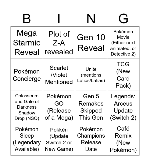 Pokémon Presents 2025 Bingo Card