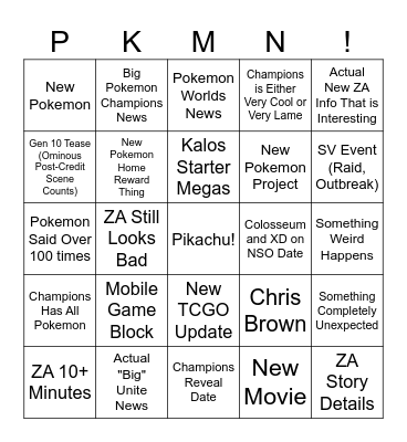 7/22/25 Pokemon DIrect Bingo Card