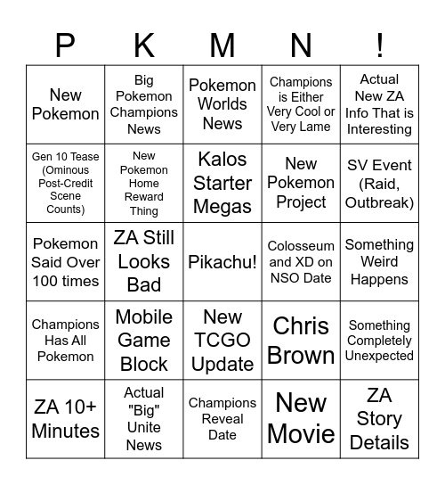 7/22/25 Pokemon DIrect Bingo Card