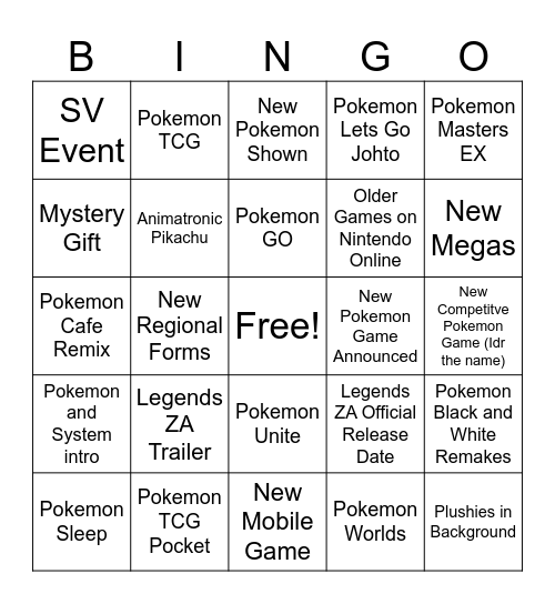 Pokemon Presents BINGO Card