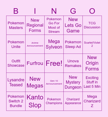 Pokemon Presents Bingaur Bingo Card