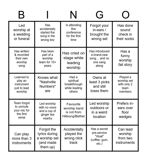 Worship Leader Confessions Bingo Card