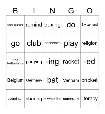 vocabulary review Bingo Card