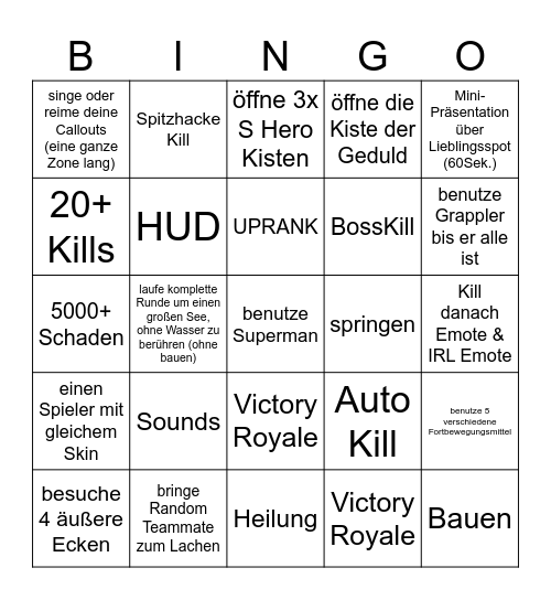 Jessie's Fortnite Bingo Card