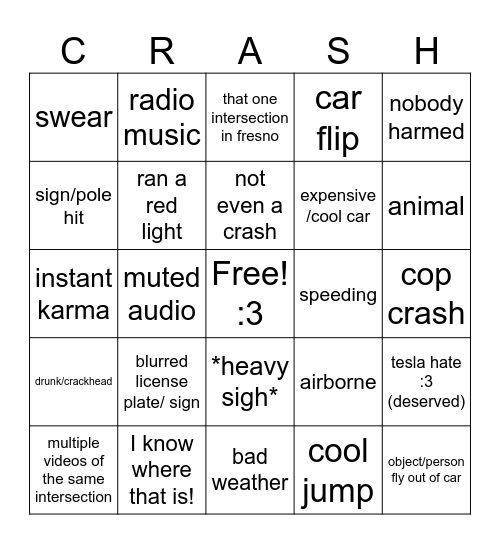 Car crash bingo (but better) Bingo Card