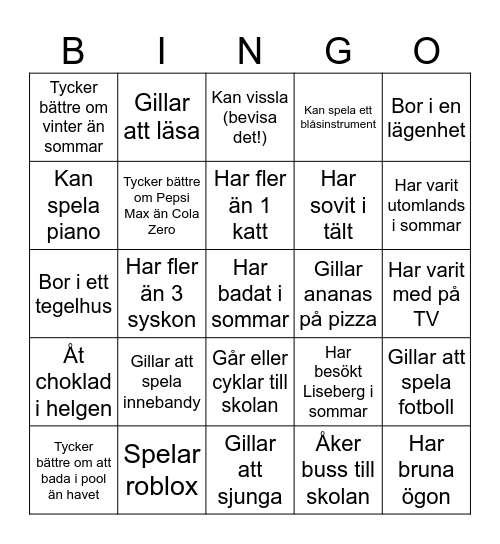 Hitta en kompis som: Bingo Card
