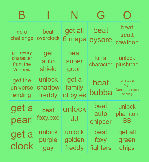 FNAF WORLD BINGO Card