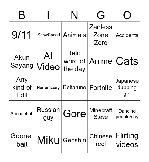 Instagram reels Bingo Card