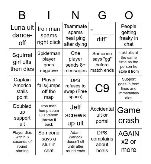 Marvel Rivals Slander Bingo Card