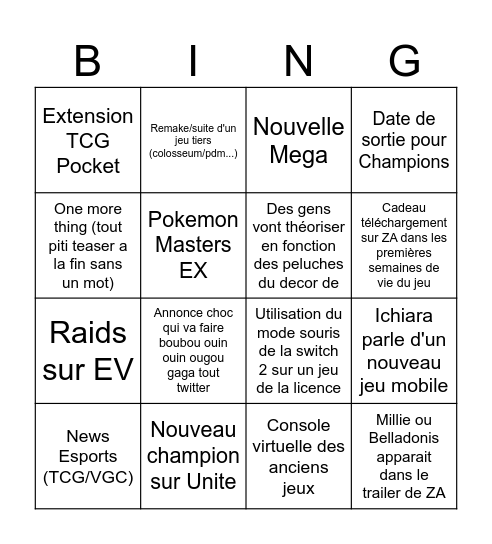 Pokémon Presents Bingo Card