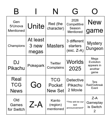 Pokemon Presents 22.07.25 Bingo Card