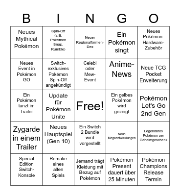 Pokemon Direct Bingo Card