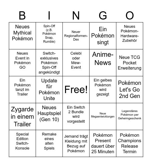 Pokemon Direct Bingo Card