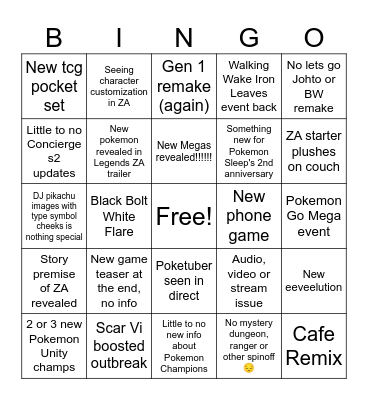 Pokemon Direct Prediction Bingo Card