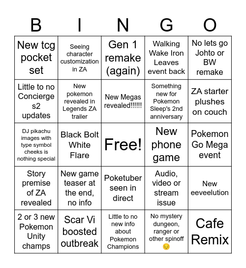 Pokemon Direct Prediction Bingo Card