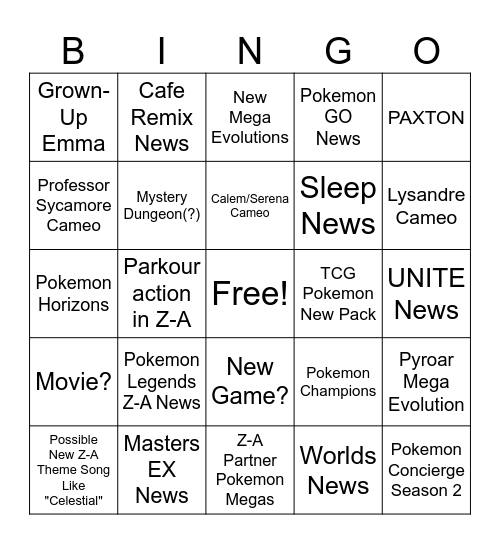SpinXNite's Pokemon Presents Bingo Card