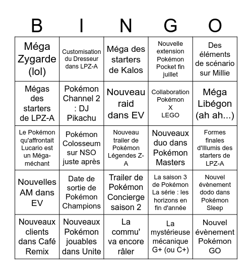 Pokémon Presents 22 juillet 2025 Bingo Card