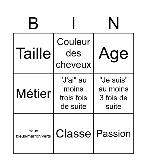 Vocabulaire de description Bingo Card
