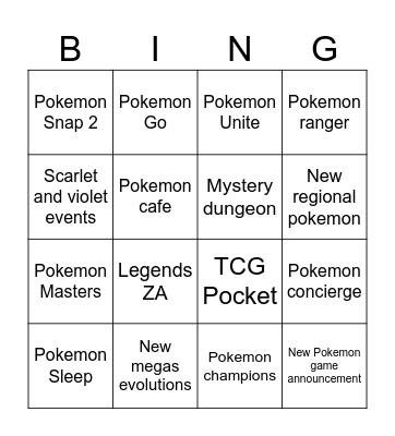 Pokemon Presents Bingo Card