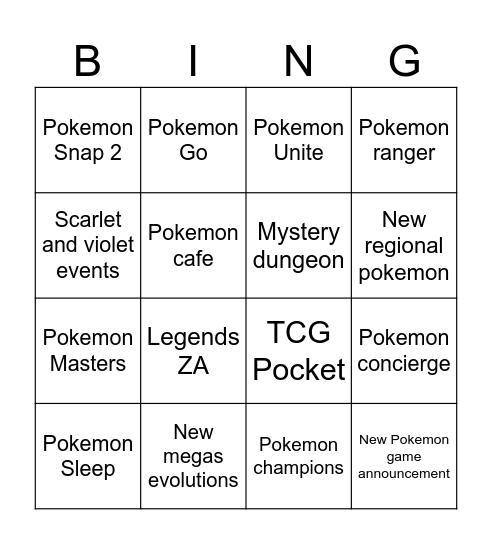 Pokemon Presents Bingo Card