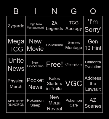 Pokemon Presents Bingo Card
