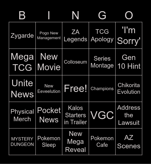 Pokemon Presents Bingo Card
