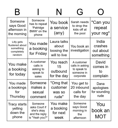 Bookings Bingo Card