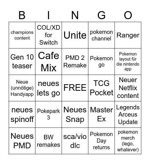 Pokemon Direct Bingo Card