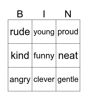Adjectives Bingo Card