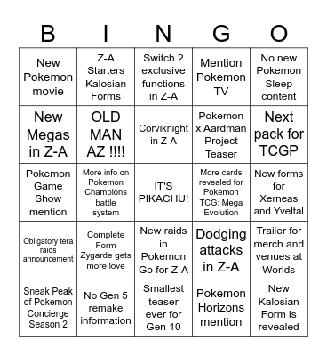 Pokemon Presents July 2025 Bingo Card