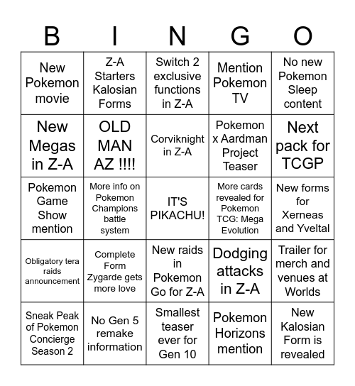 Pokemon Presents July 2025 Bingo Card