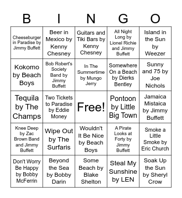 Margaritaville Music Bingo Card